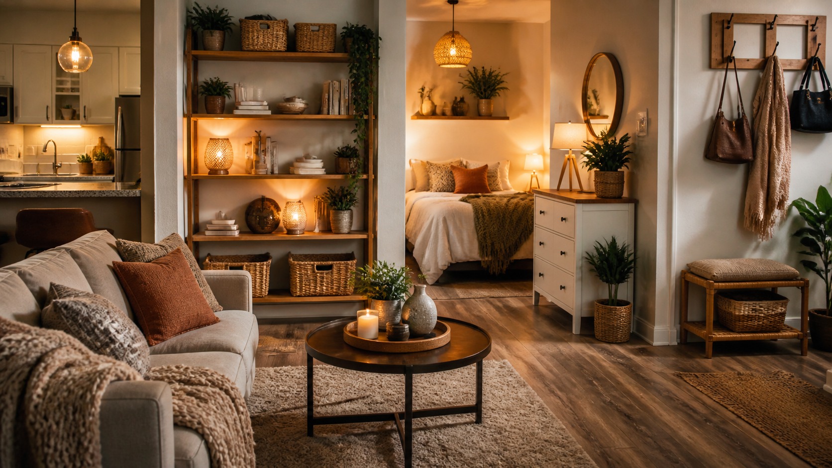 Photorealistic apartment interior design scene for Best Apartment Decor Ideas for cozy apartments: A Complete Room-by-Room Guide