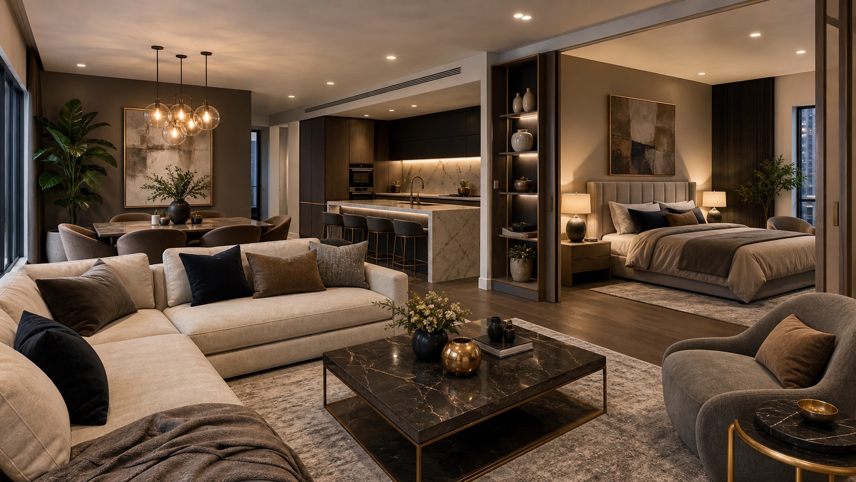 Photorealistic apartment interior design scene for Best Apartment Decor Ideas for luxury apartments: A Complete Room-by-Room Guide