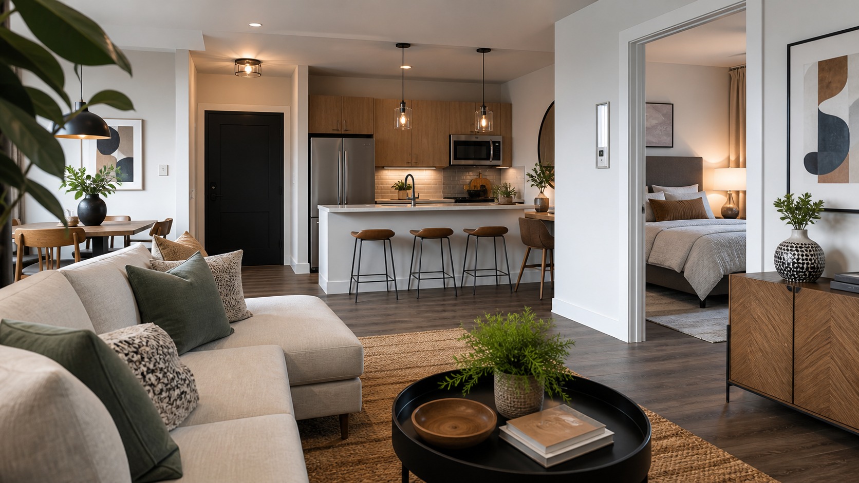 Photorealistic apartment interior design scene for Best Apartment Decor Ideas for modern apartments: A Complete Room-by-Room Guide