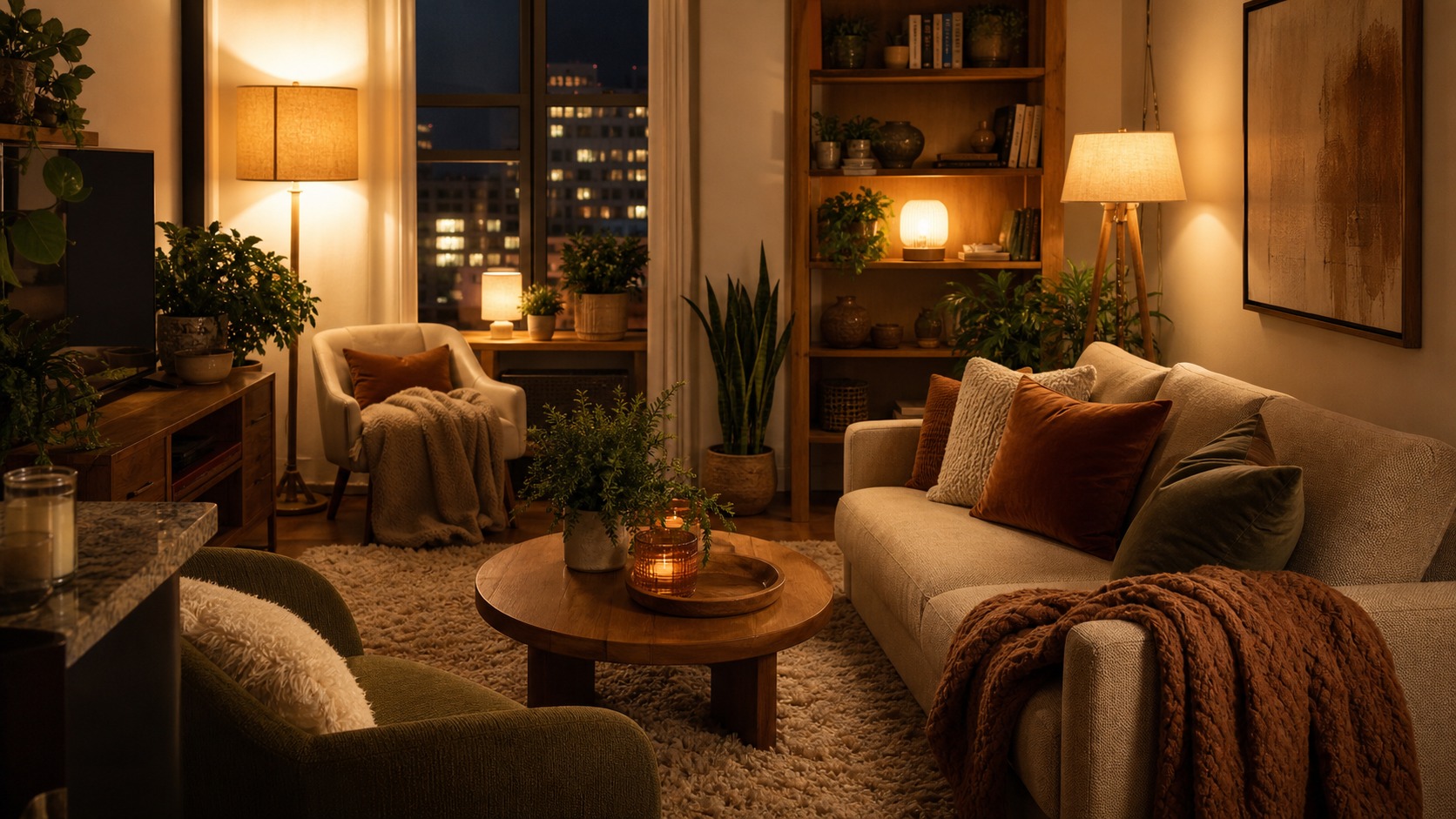 Photorealistic apartment interior design scene for Cozy apartments Style Guide: Colors, Furniture, Lighting, and Layout Tips