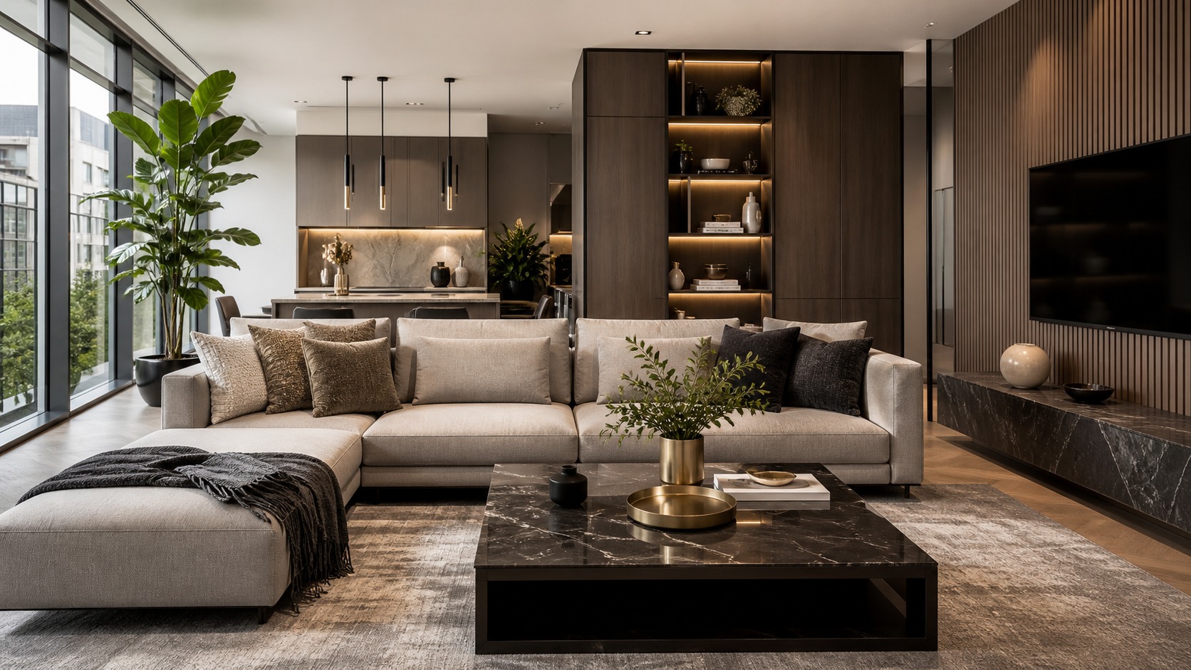 Photorealistic apartment interior design scene for Modern Apartment Styling Tips for luxury apartments that Feel Polished and Practical