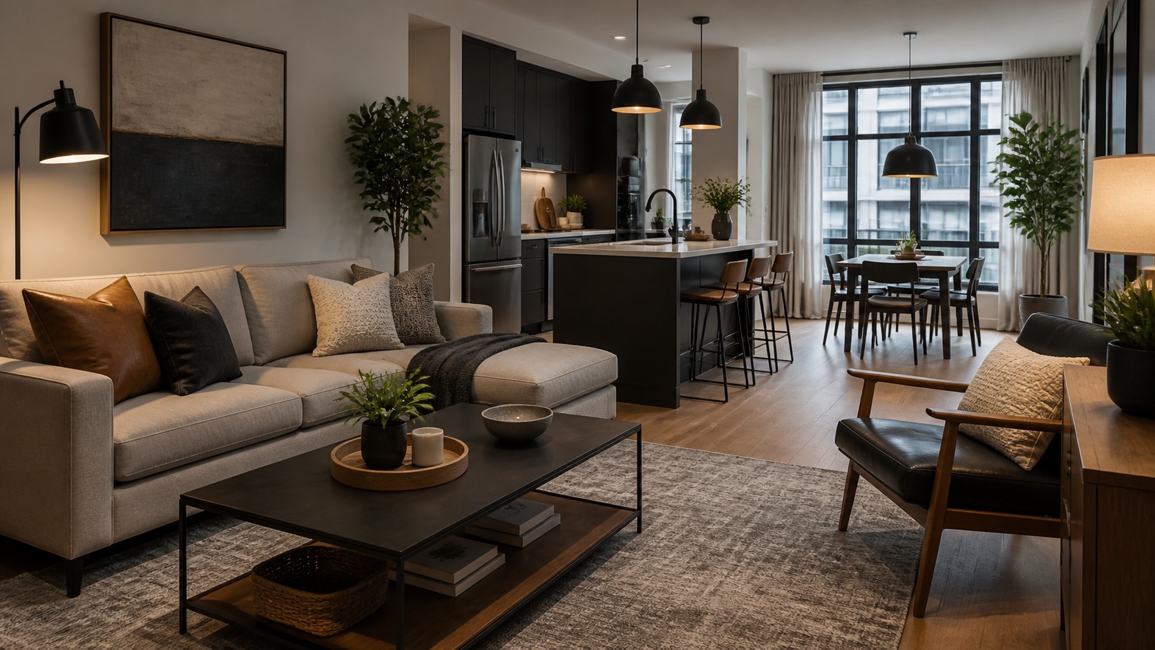 Photorealistic apartment interior design scene for Modern apartments Style Guide: Colors, Furniture, Lighting, and Layout Tips