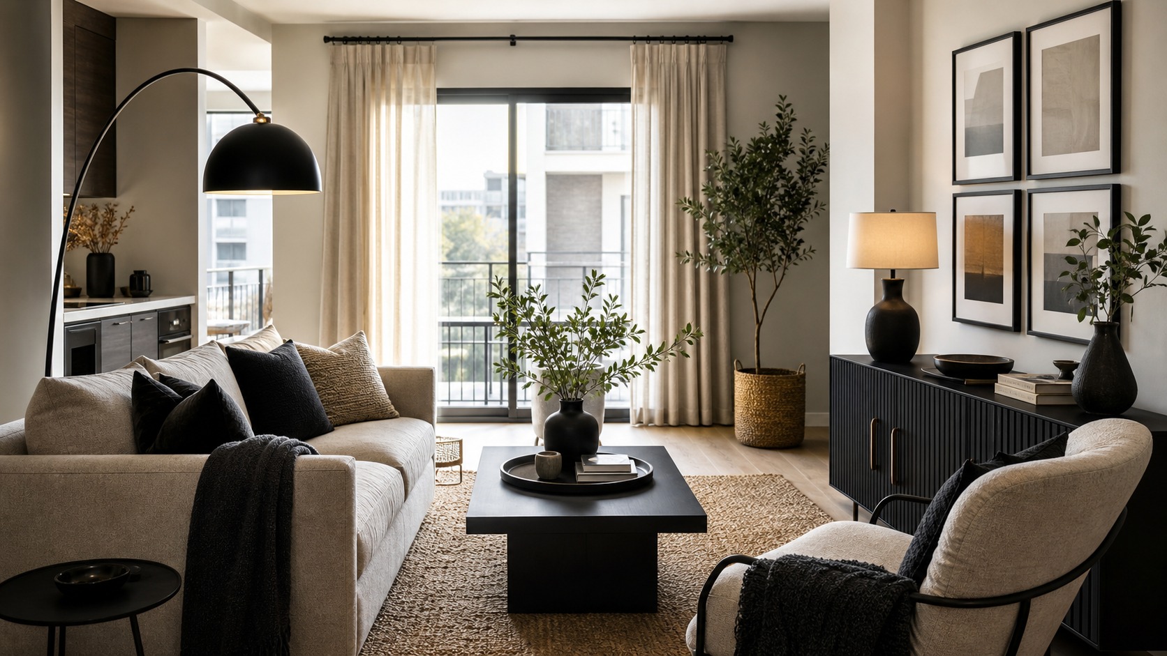 Photorealistic apartment interior for Matte black accents Trend Guide: Apartment Decor Ideas for a Fresh Look