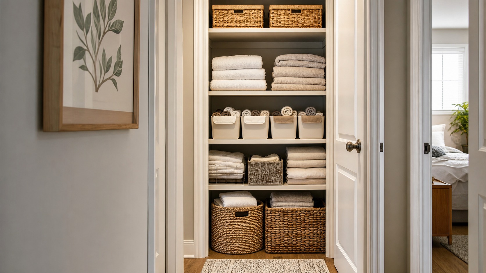 Photorealistic apartment interior for Linen storage Organization Guide: Space-Saving Apartment Ideas