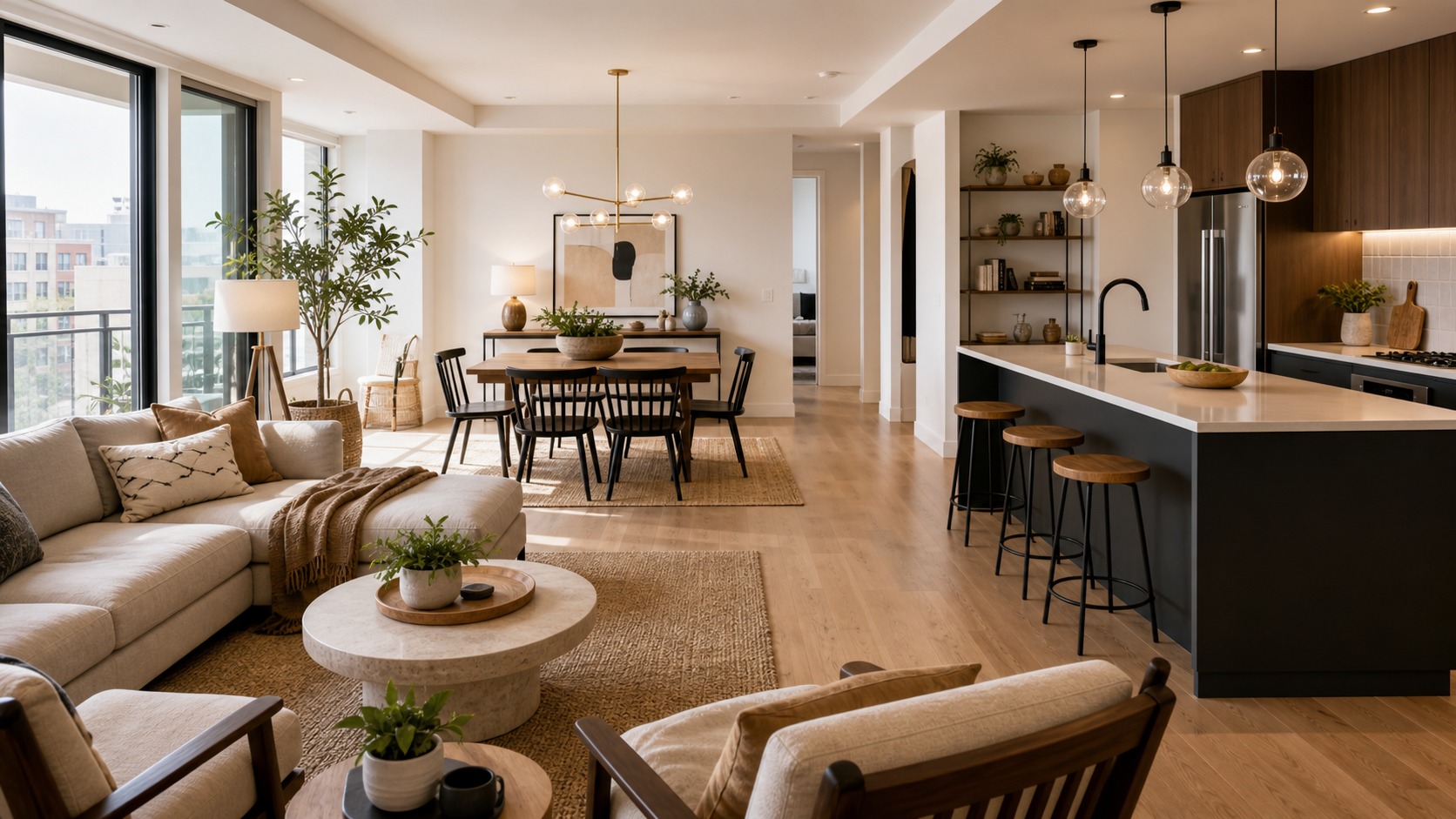 Photorealistic apartment interior for How to Decorate open-concept apartments Without Losing Space, Style, or Function