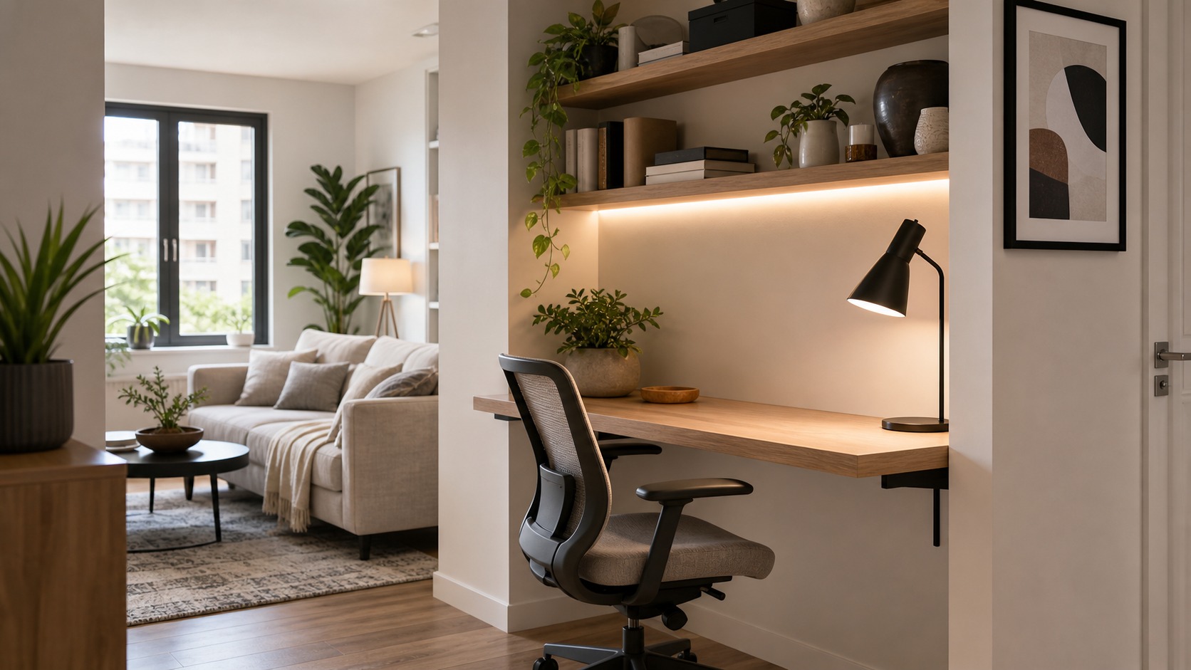 Photorealistic apartment interior for Best Space-Saving Ideas for work-from-home corners in Small Apartments